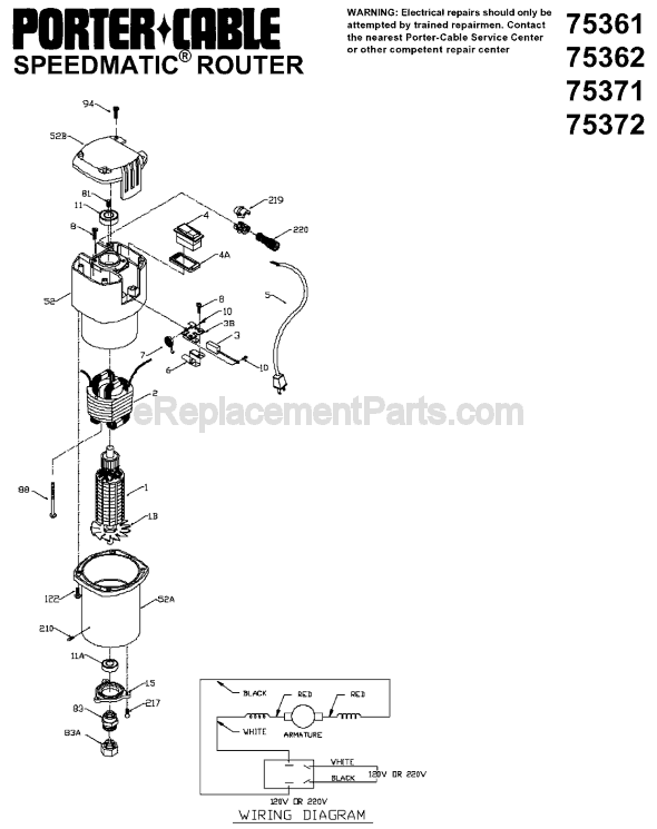 Page A Diagram and Parts List for 75372  Porter Cable Router